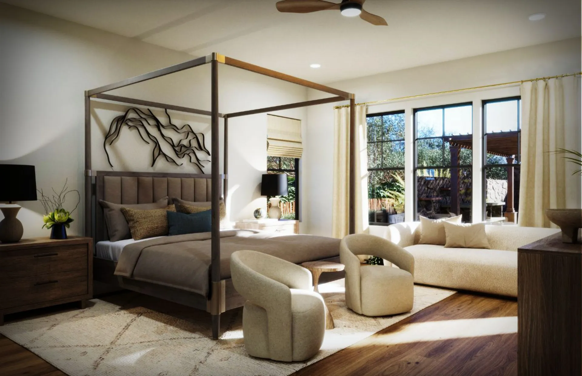 Modern bedroom with canopy bed, armchairs, and large windows.